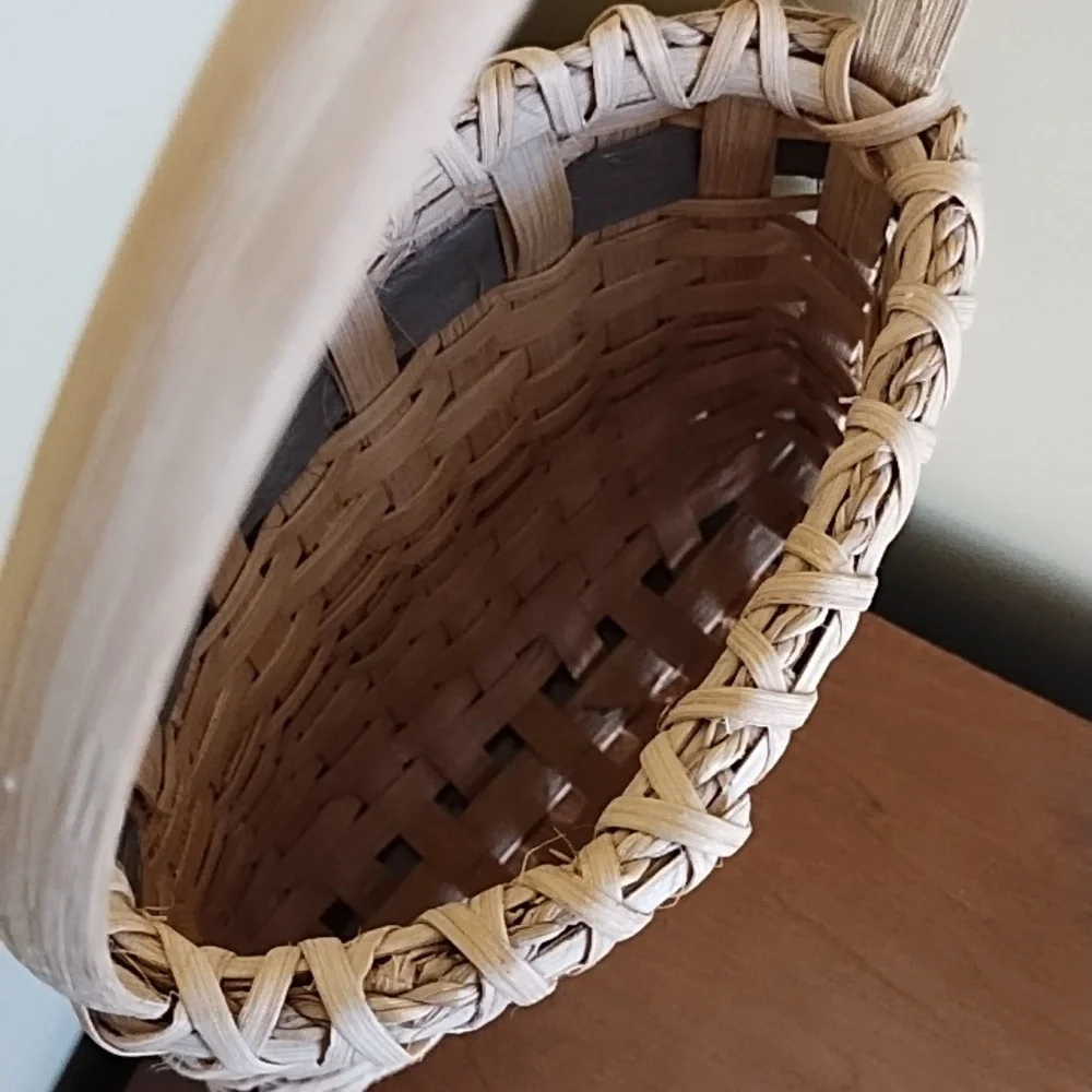 Vintage Handcrafted Woven Splint Wall Pocket Basket With Blue Heart Cutout Band
